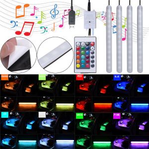 10Car - אביזרים, ציוד וכל מה שצריך לרכב מטענים DC5V USB F7 RGB Music Control Car Atmosphere Footwell LED Strip Light Remote Charger Decor Lamp
