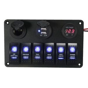 10Car - אביזרים, ציוד וכל מה שצריך לרכב מטענים 6 Gang LED Rocker Switch USB Charger Socket Volt Meter Panel For Car Marine Boat