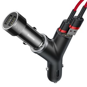 10Car - אביזרים, ציוד וכל מה שצריך לרכב מטענים Baseus Y Type Dual USB Ports+Cigarette Lighter Extended Fast Car Charger For Smart Phone Tablet