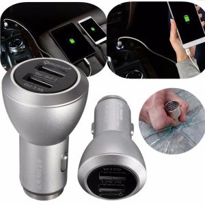 10Car - אביזרים, ציוד וכל מה שצריך לרכב מטענים QC 2.0 Dual 2 USB Aluminum Alloy Safety Hammer Fast Charging Car Charger 