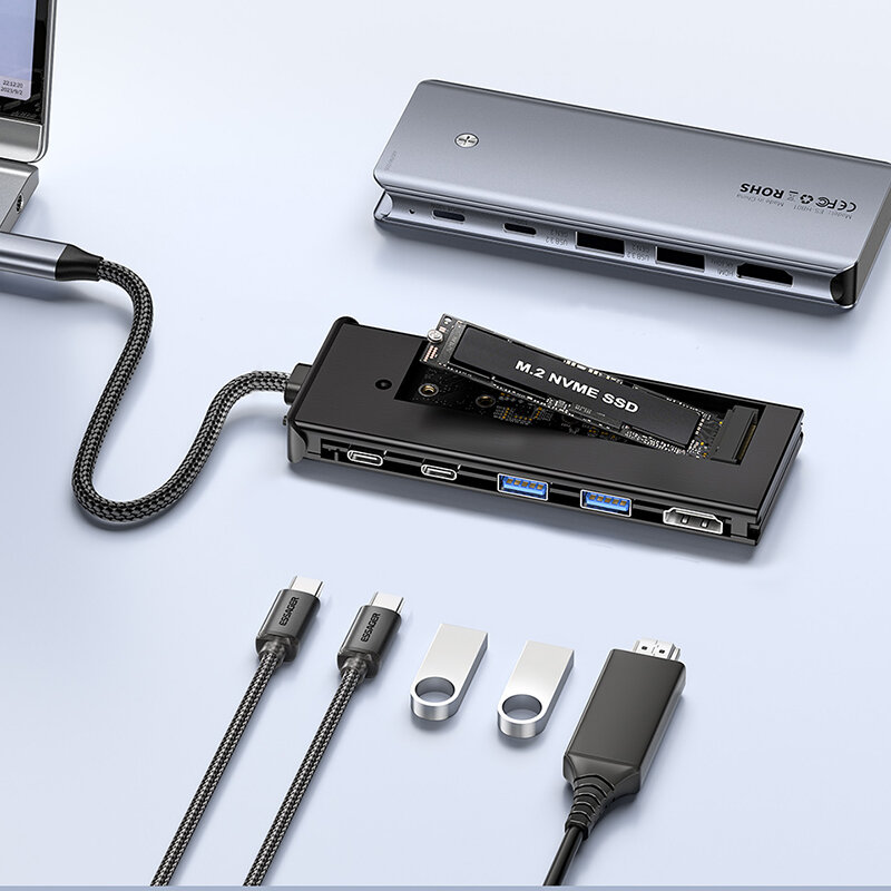 ESSAGER 6-in-1 Type-C Docking Station met M.2 NVMe Enclosure / USB3.2 Gen2*2 / PD100W USB-C / USB-C Gegevens / HD1.4 Multiports Sp