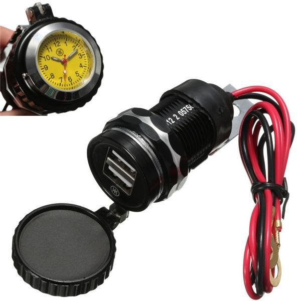 10Car - אביזרים, ציוד וכל מה שצריך לרכב מטענים Dual USB Port Car Motorcycle Power Charger Socket Outlet Adapter + Clock