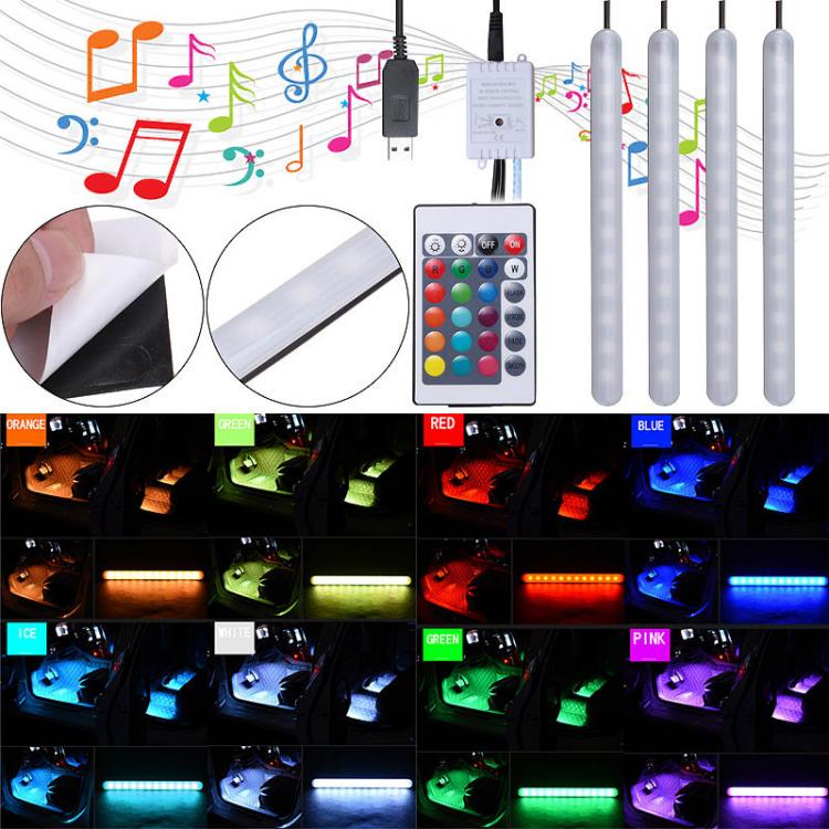 10Car - אביזרים, ציוד וכל מה שצריך לרכב מטענים DC5V USB F7 RGB Music Control Car Atmosphere Footwell LED Strip Light Remote Charger Decor Lamp