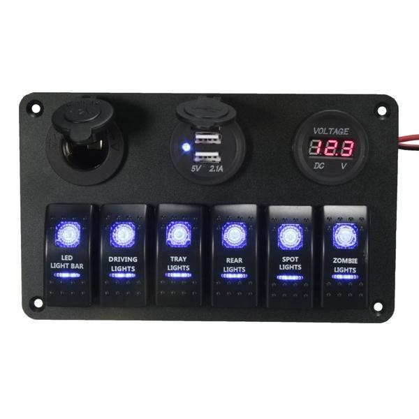 10Car - אביזרים, ציוד וכל מה שצריך לרכב מטענים 6 Gang LED Rocker Switch USB Charger Socket Volt Meter Panel For Car Marine Boat