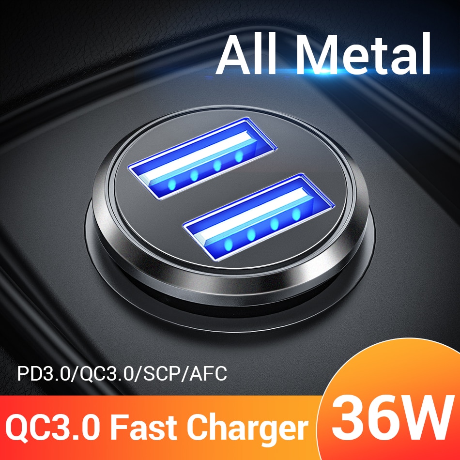 10Car - אביזרים, ציוד וכל מה שצריך לרכב מטענים FIVI 36W Metal Dual USB Quick Charge QC 3.0 Car Charger For Xiaomi Huawei Mini Mobile Phone Fast Charger Adapter Car-Charger